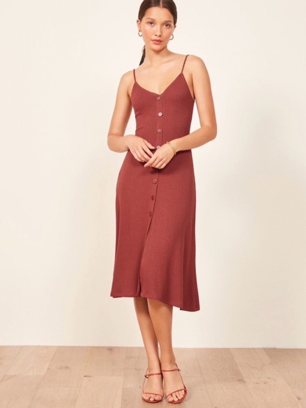 Reformation Casey A-Line Midi Dress Women’s Size Medium Ribbed Rust